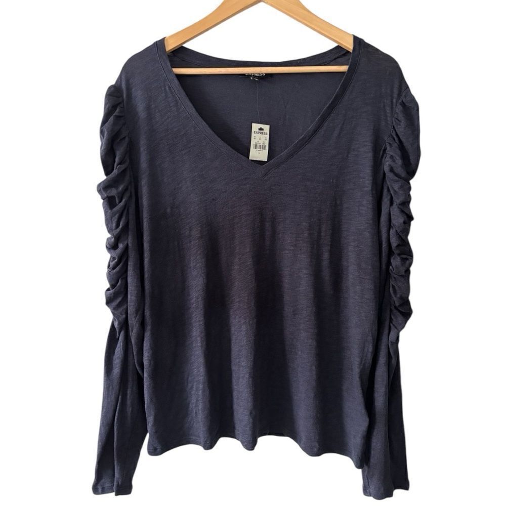 Express Navy Long Sleeve Top Ruched Sleeves NWT